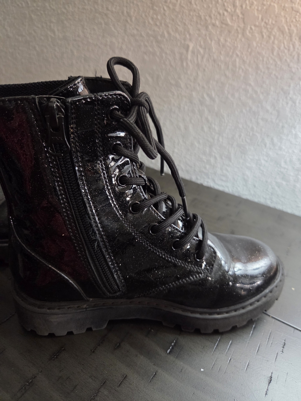 art class Black Patent Lace-Up Side-Zip Combat Boots for Kids